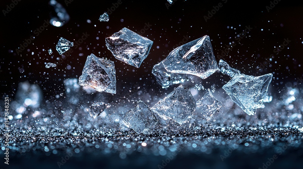 Shattering Ice Crystals Falling Dark Background Shattering Ice Crystals Falling Dark Background