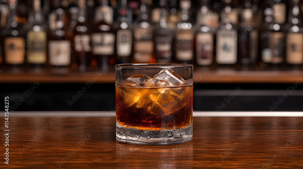 A glass of whiskey on the rocks sitting in front of an old-fashioned leather armchair, evoking a sense of relaxation and luxury, with the amber liquor shimmering in the glass, placed on a wooden table A glass of whiskey on the rocks sitting in front of an old-fashioned leather armchair, evoking a sense of relaxation and luxury, with the amber liquor shimmering in the glass, placed on a wooden table