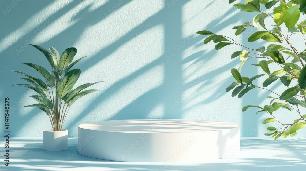 White Cylindrical Display Stand With Green Plants White Cylindrical Display Stand With Green Plants