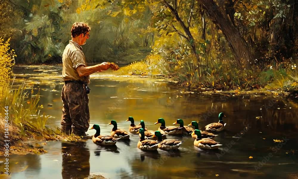 A boy feeding ducks in a serene pond surrounded by lush greenery.