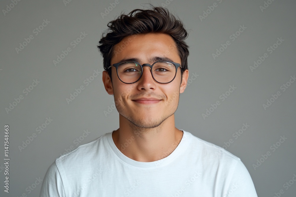 Portrait of a smiling young man wearing glasses against a gray background. Portrait of a smiling young man wearing glasses against a gray background.