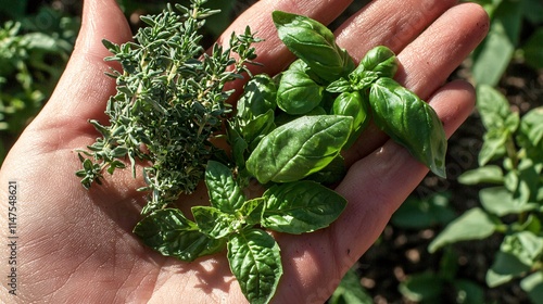 small farmer’s hand holding a bundle of fresh herbs like basil, mint, and rosemary, showcasing the economic value of home-grown plants in agriculture. [Flowers]:[Economic plants]  photo