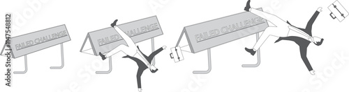 Failed challenge, poor performance, professional or business mistake, businessman challenged to hurdle and fell over
