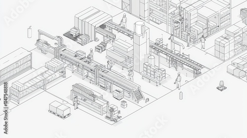 imagine prompt: Simplified factory blueprint, featuring a minimalist arrangement of conveyor belts, machines, and workers in an orderly process flow, with a focus on 