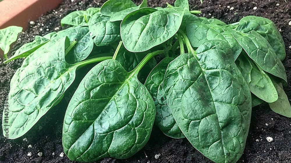 Fototapeta premium of healthy, organic spinach plants thriving in the rich soil of an outdoor garden bed, promoting the benefits of sustainable, home-grown food. [Flowers]:[Economic plants] 