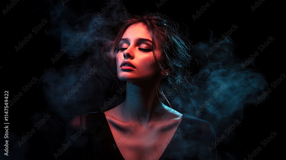 Woman with closed eyes in colorful smoke, dark background.