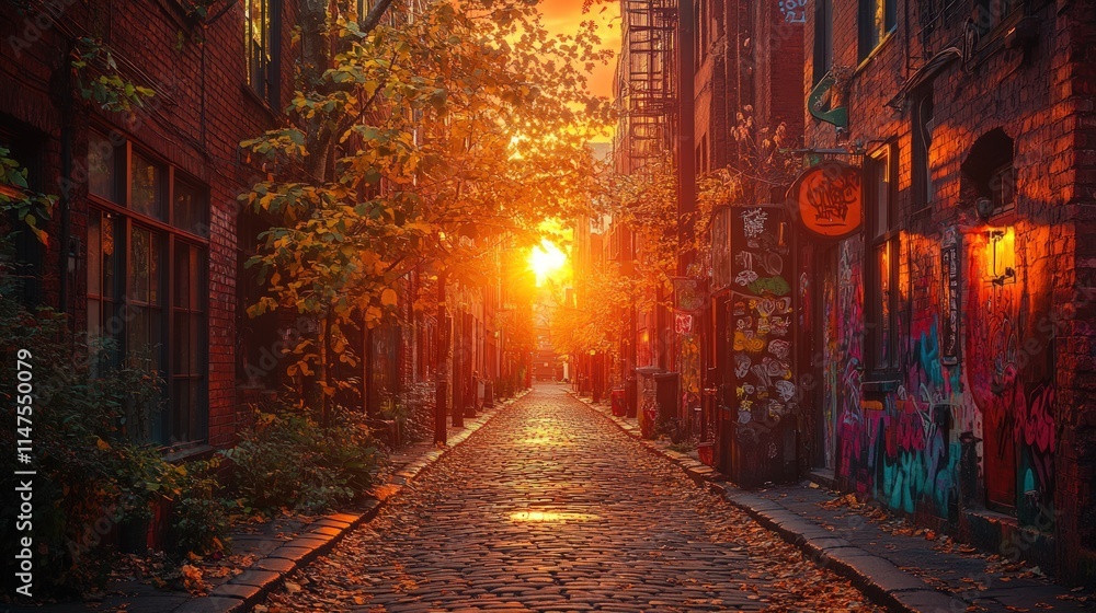 Cobblestone alley, autumn sunset, graffiti, brick buildings. Cobblestone alley, autumn sunset, graffiti, brick buildings.