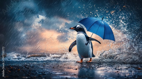 A penguin with a blue umbrella walking on a beach during a stormy sunset.