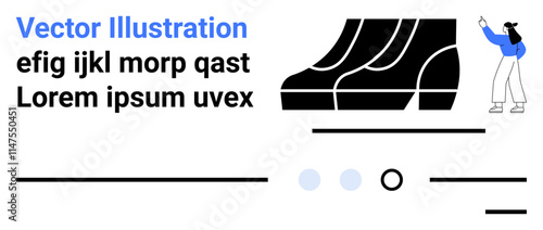 Abstract shoe graphic, cartoon artist in blue, horizontal lines, dummy text. Ideal for art portfolios, design showcases, creative blogs, fashion sites, educational content, digital marketing