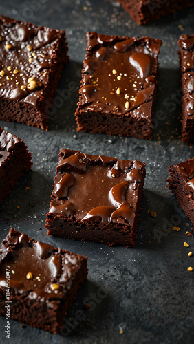 Slice of moist brownies with peanut and chocolate topping ideal for aesthetic food shots photo