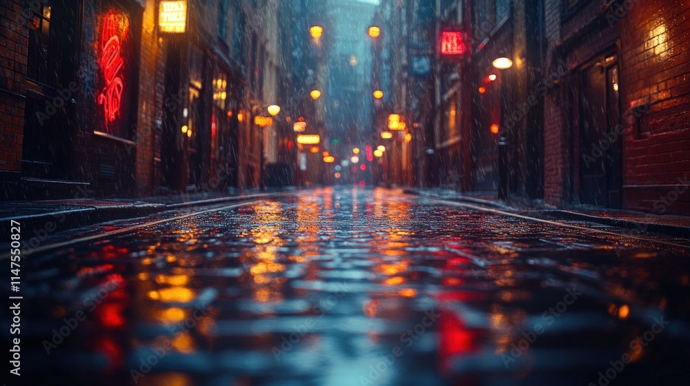 Rainy night, city street, glowing lights, reflections. Rainy night, city street, glowing lights, reflections.
