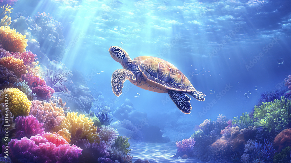 Fototapeta premium sea turtle swimming gracefully in vibrant coral reef underwater
