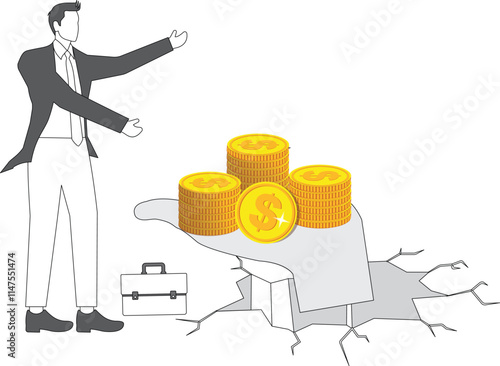 Poor businessman, homeless needy person, poor businessman, miserly boss or capitalist, boss holding a pile of gold coins in his hand gives his employee a gold coin