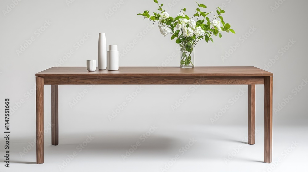 Modern minimalist walnut wood dining table with white vase and flowers. Modern minimalist walnut wood dining table with white vase and flowers.