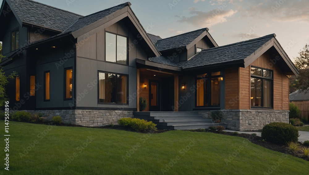 Modern Two-Story House with Dark Gray Siding and Stone Accents Modern Two-Story House with Dark Gray Siding and Stone Accents