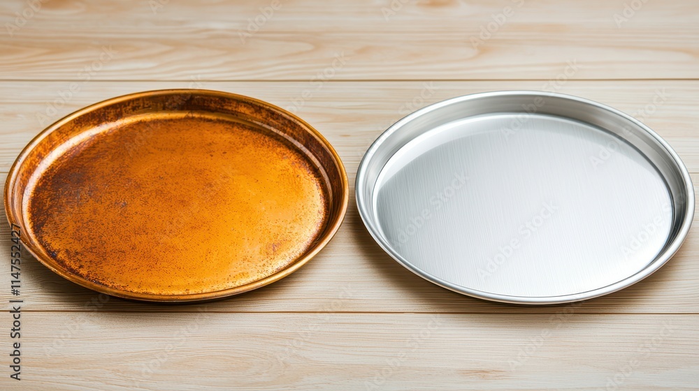 Before and After Concept, Polished Silver Tray Next to Tarnished Copper Tray on a Wooden Surface Capturing Contrast in Finishes Before and After Concept, Polished Silver Tray Next to Tarnished Copper Tray on a Wooden Surface Capturing Contrast in Finishes