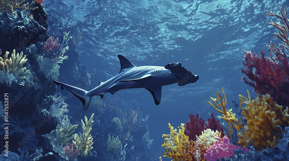 Obraz premium hammerhead shark swimming gracefully over vibrant coral reef