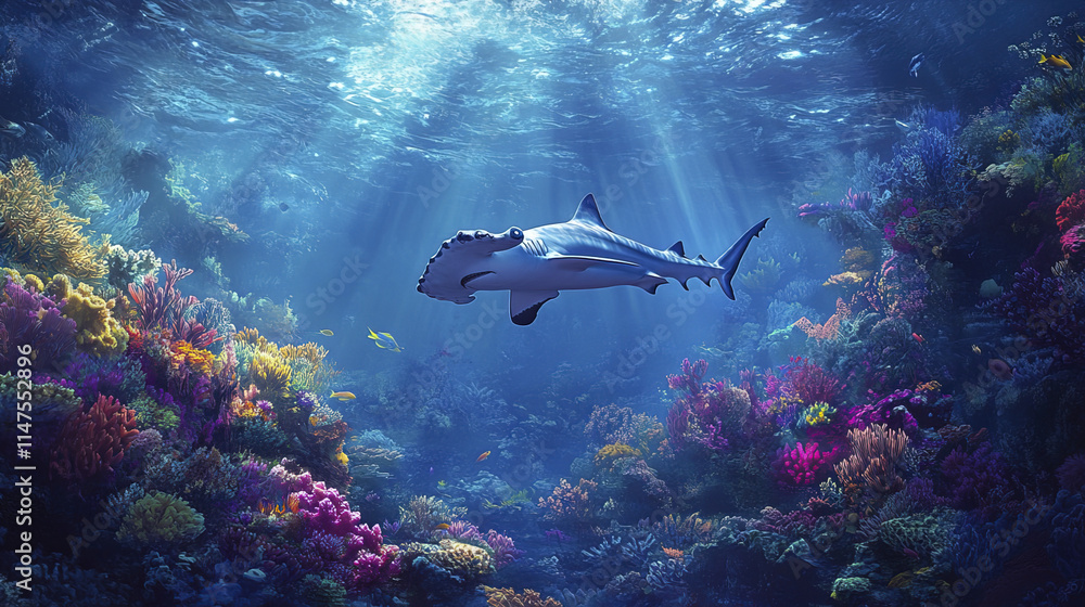 Fototapeta premium hammerhead shark swimming gracefully over vibrant coral reef