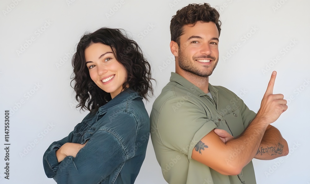 Fototapeta premium Smiling couple standing close to each other, back to back, pointing in opposite directions with index fingers outstretched, Generative AI 