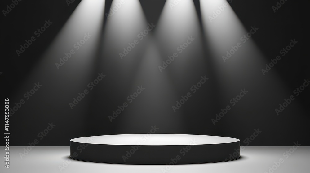 A black circular podium illuminated by three spotlights A black circular podium illuminated by three spotlights