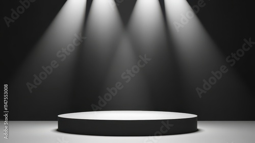 A black circular podium illuminated by three spotlights