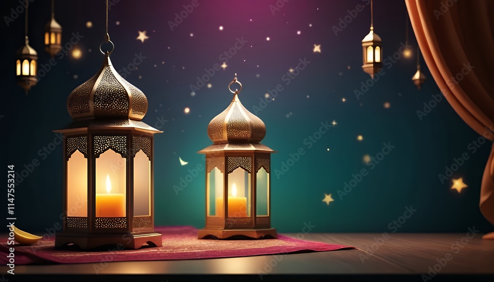 Golden Ramadan Lanterns Candles Night Sky Festive Decor, Generative AI Golden Ramadan Lanterns Candles Night Sky Festive Decor, Generative AI