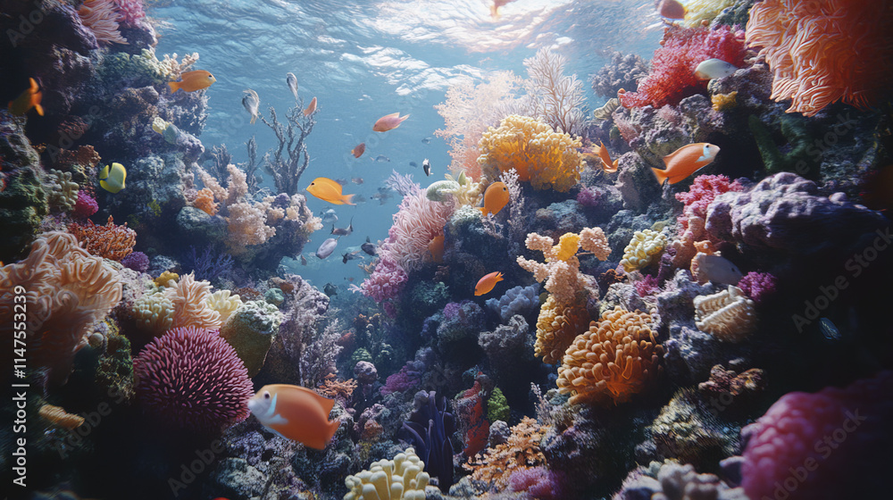Fototapeta premium vibrant underwater scene showcasing bustling coral reef teeming with colorful fish