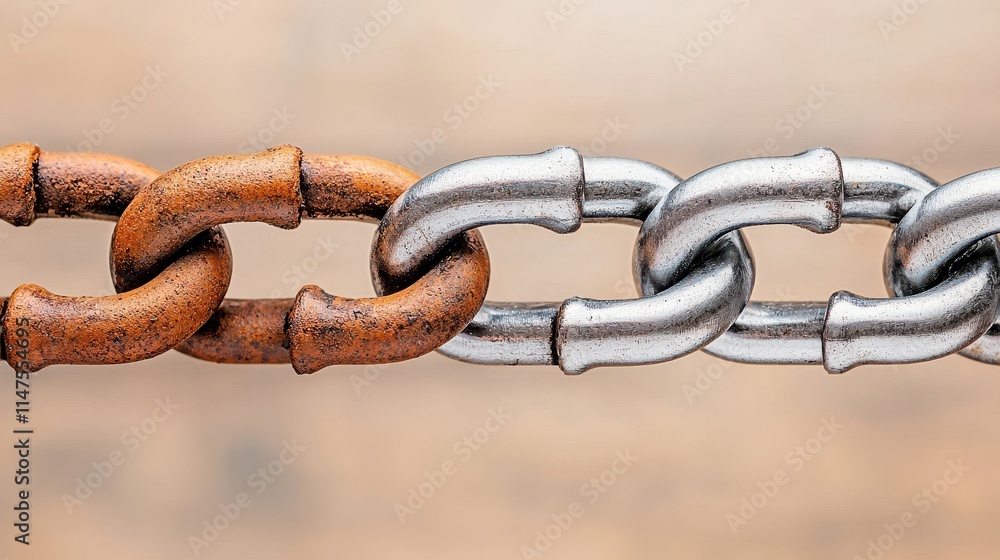 Before and After Concept, Transitioning from Dull and Rusty to Shiny and Polished Chain Link with Smooth Texture and Detail Before and After Concept, Transitioning from Dull and Rusty to Shiny and Polished Chain Link with Smooth Texture and Detail