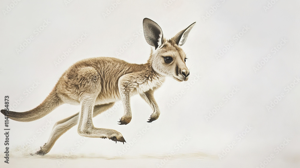 Fototapeta premium baby kangaroo hopping around on white canvas, full of energy and joy