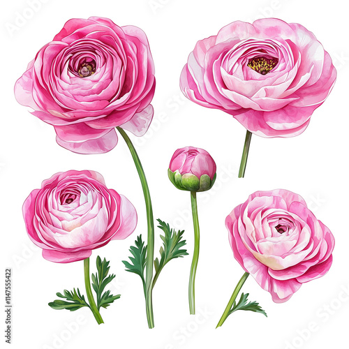 Set of pink watercolor ranunculus flowers, isolated on transparent background