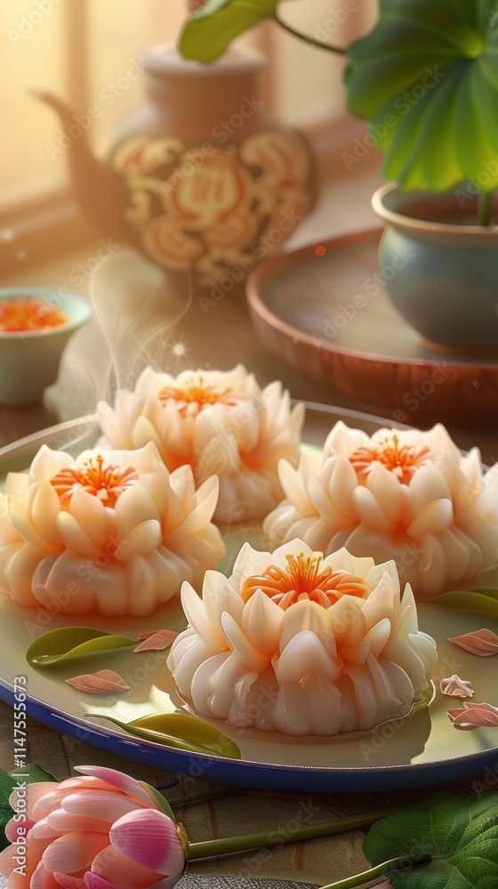 Beautifully arranged flower shaped confections served on ornate oriental style plates and bowls creating an exquisite gourmet presentation for a formal dining experience or special Beautifully arranged flower shaped confections served on ornate oriental style plates and bowls creating an exquisite gourmet presentation for a formal dining experience or special