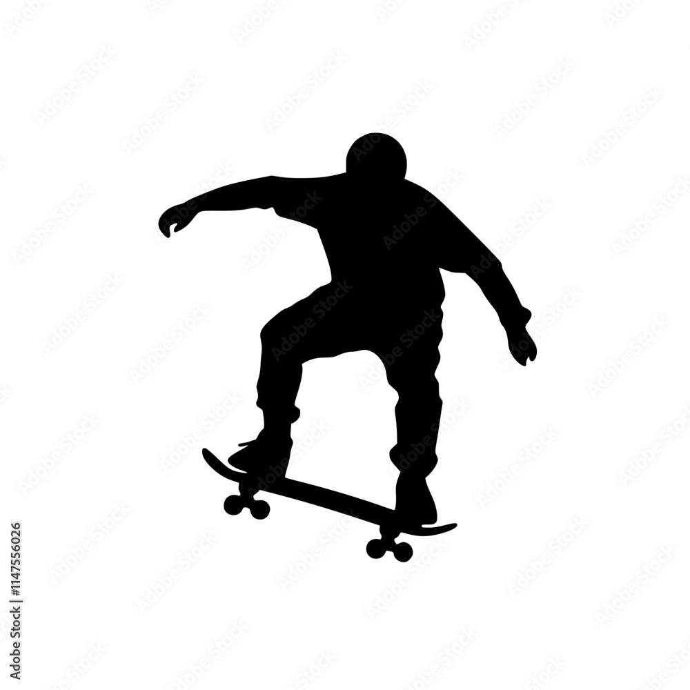Fototapeta premium Silhouette of Skateboarder Riding Skateboard, Black silhouette of a skateboarder in motion, riding a skateboard with a casual stance, isolated on a white background.