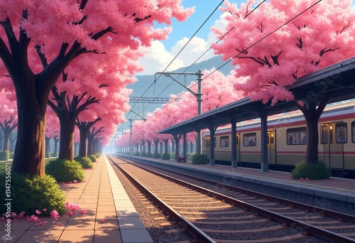 Tranquil Scene of Cherry Blossoms Surrounding a Train Station: Realistic Photography with Rich Details and Warm Vibes
