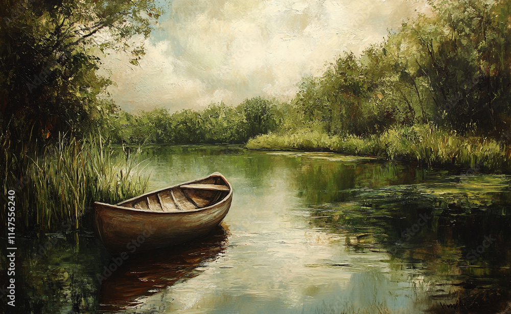 Calm boat on serene water surrounded by lush greenery and soft clouds. Calm boat on serene water surrounded by lush greenery and soft clouds.