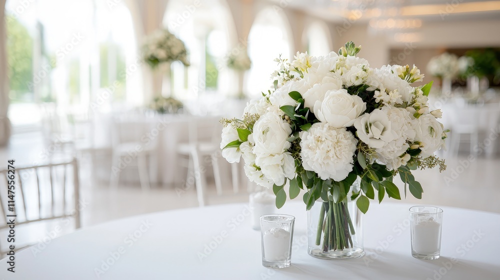 Elegant white flower centerpiece on a round table in a bright, spacious event hall.