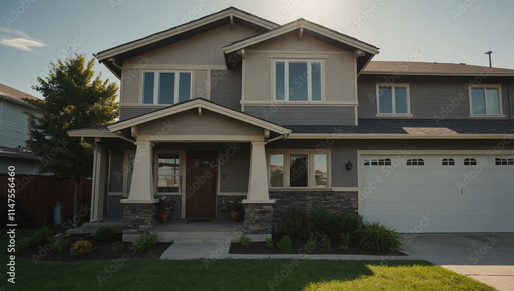 Fototapeta premium Two-story house, gray siding, white trim, large windows, covered porch, double garage door, landscaping visible. Sunny day.