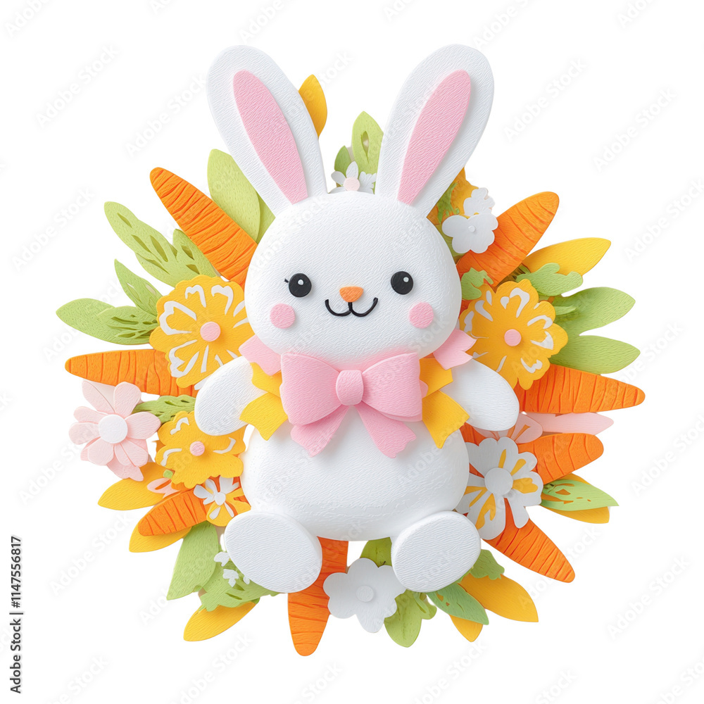 Fototapeta premium A cute bunny figurine with a pink bow, surrounded by colorful flowers and leafy accents.