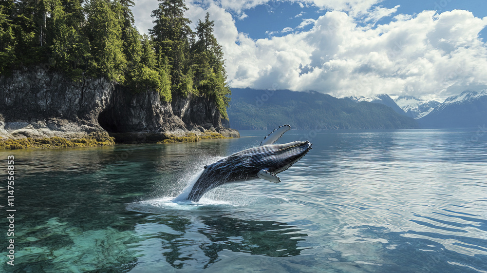 Obraz premium Humpback whale breaching playfully in crystal clear ocean waters