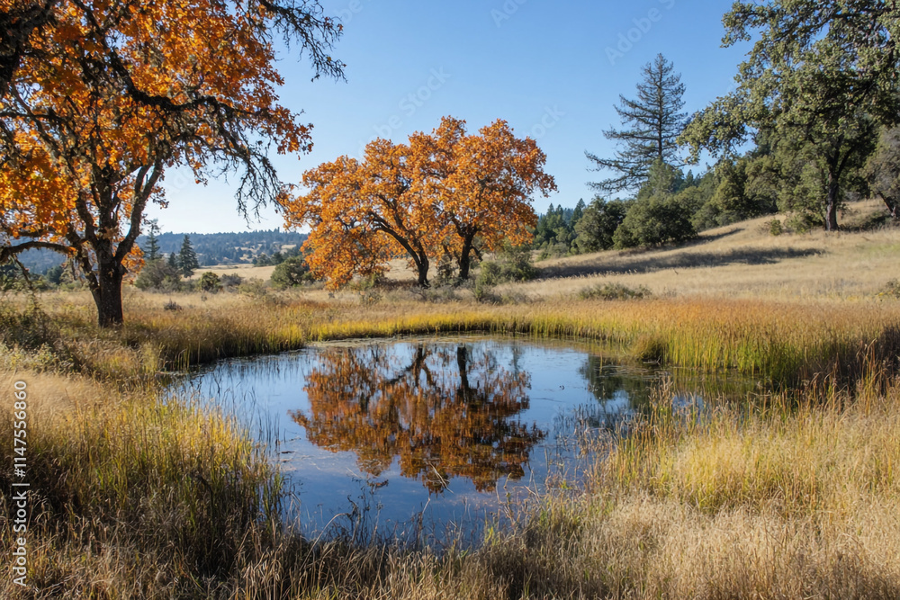 Fototapeta premium Autumn landscape with vibrant foliage and tranquil pond reflection in nature. 