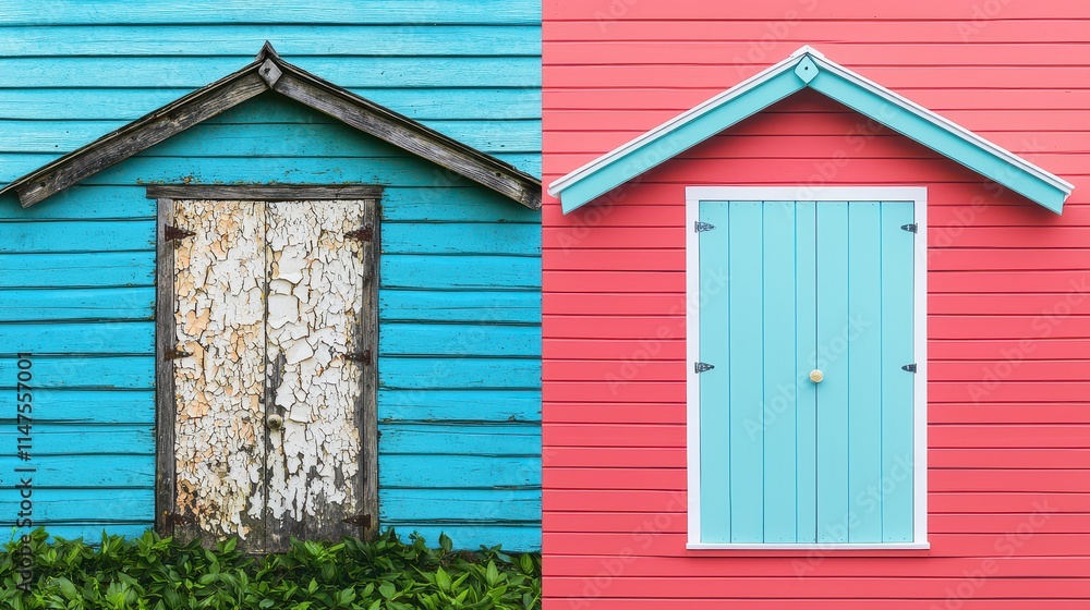 Before and After Concept, Vibrant Garden Shed with Peeling Paint Next to Colorful Contemporary Shed in Outdoor Setting Before and After Concept, Vibrant Garden Shed with Peeling Paint Next to Colorful Contemporary Shed in Outdoor Setting