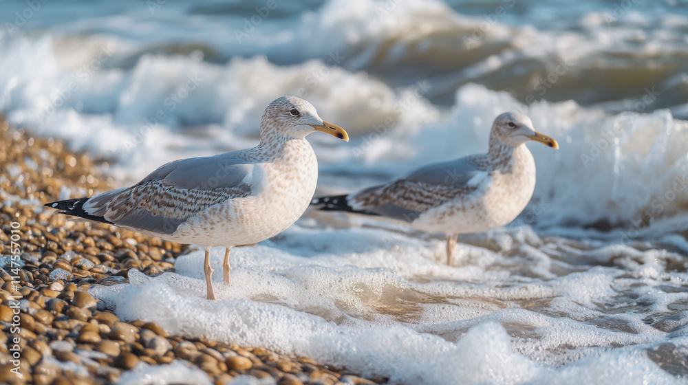 Seagulls exploring the shoreline at sunset near a calm beach. Seagulls exploring the shoreline at sunset near a calm beach.