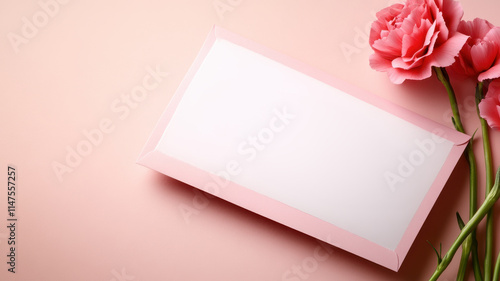 Blank card with pink border and flowers on soft background