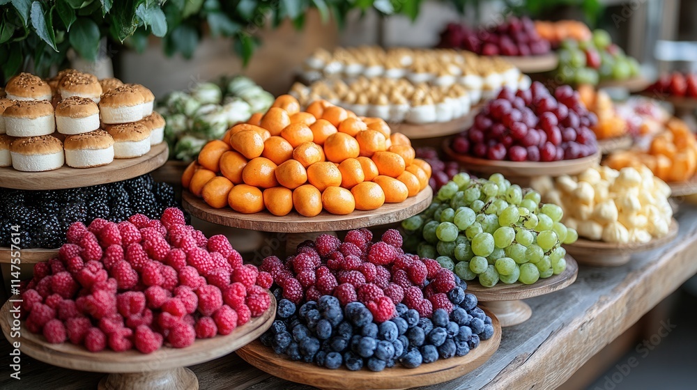 A vibrant display of assorted fruits and pastries arranged on wooden platters. A vibrant display of assorted fruits and pastries arranged on wooden platters.