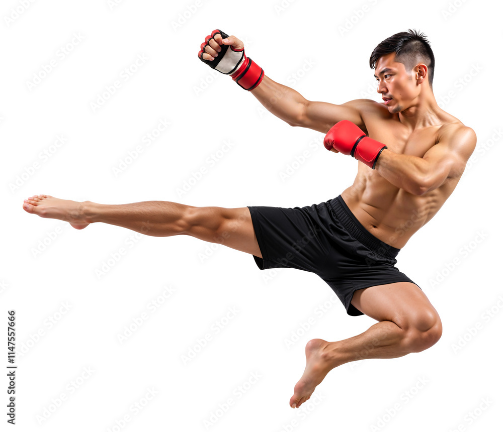 Asian combat fighter doing flying kick, full-body view on isolated background