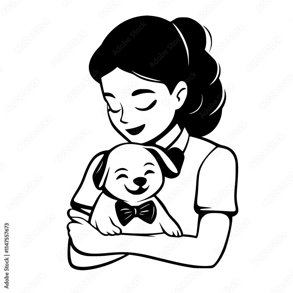 Woman Hugging Dog with Love Illustration, Black and white illustration of a woman lovingly hugging a happy dog wearing a bow, symbolizing affection and companionship.
Woman Hugging Dog with Love Illustration, Black and white illustration of a woman lovingly hugging a happy dog wearing a bow, symbolizing affection and companionship.