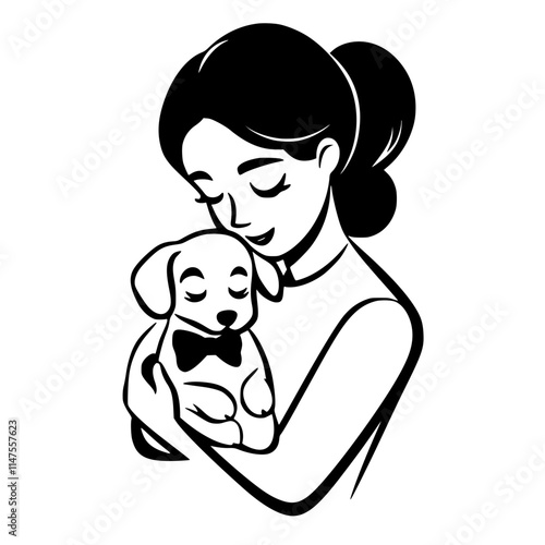 Woman Hugging Dog with Love Illustration, Black and white illustration of a woman lovingly hugging a happy dog wearing a bow, symbolizing affection and companionship.

