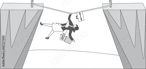 Backstabbing, betrayal and entrapment, dishonest or hidden crises and risks, isometric suspension in mid-air of a businesswoman being back stabbed by a hand with a knife behind his back
