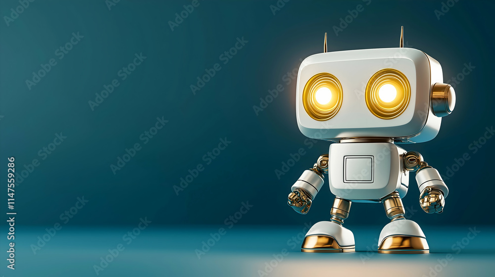 A cute, futuristic robot with glowing eyes stands against a teal background, showcasing a mix of metallic and white design elements. A cute, futuristic robot with glowing eyes stands against a teal background, showcasing a mix of metallic and white design elements.