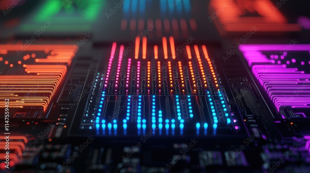 Colorful Abstract Circuit Board Design with Neon Light Effects Colorful Abstract Circuit Board Design with Neon Light Effects