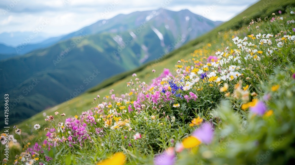 Obraz premium Vibrant wildflowers bloom on a grassy alpine slope with majestic mountains in the background.